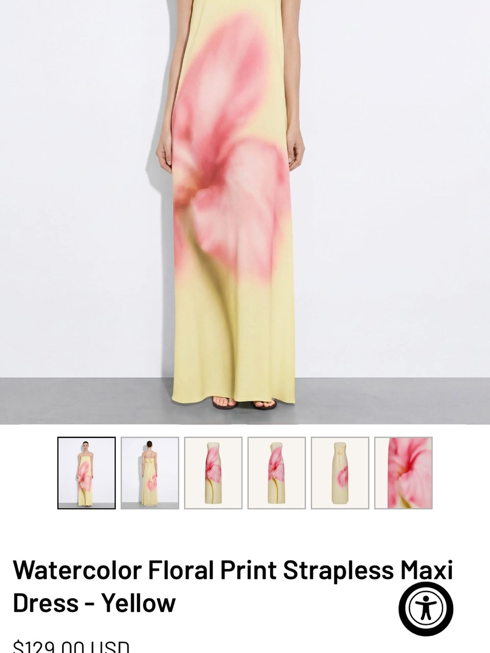 JW PEI Yellow Strapless Maxi Dress with Pink Floral Watercolor Print